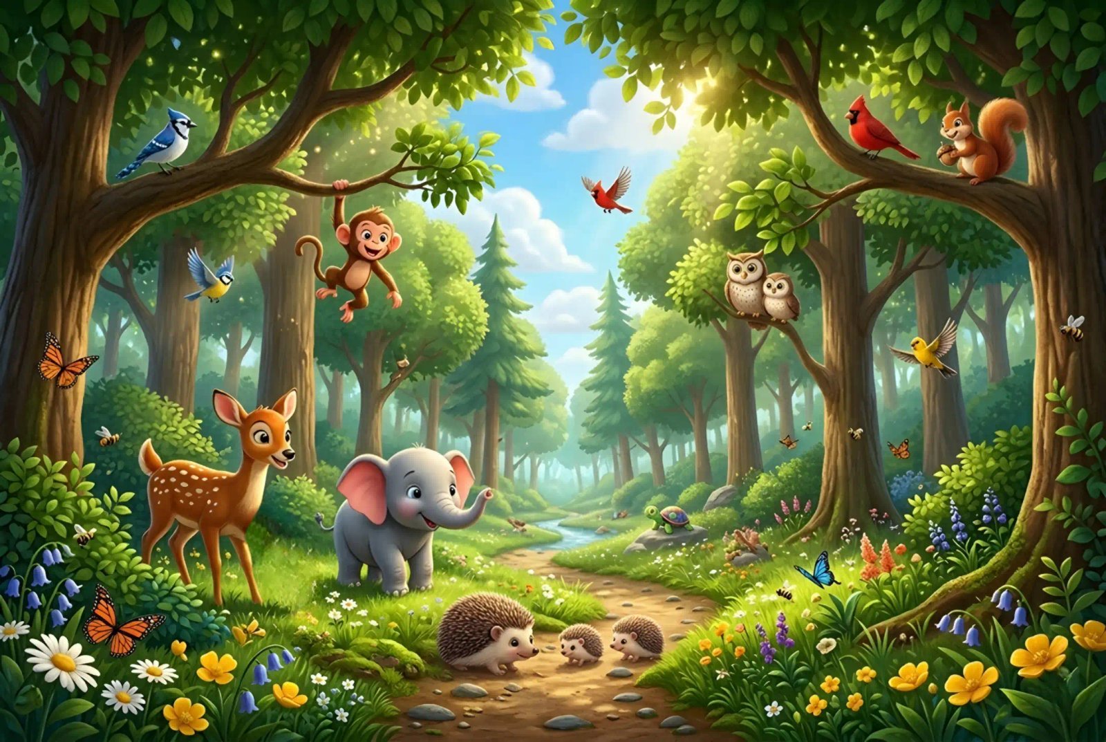 A forest with many trees and animals living together for kids