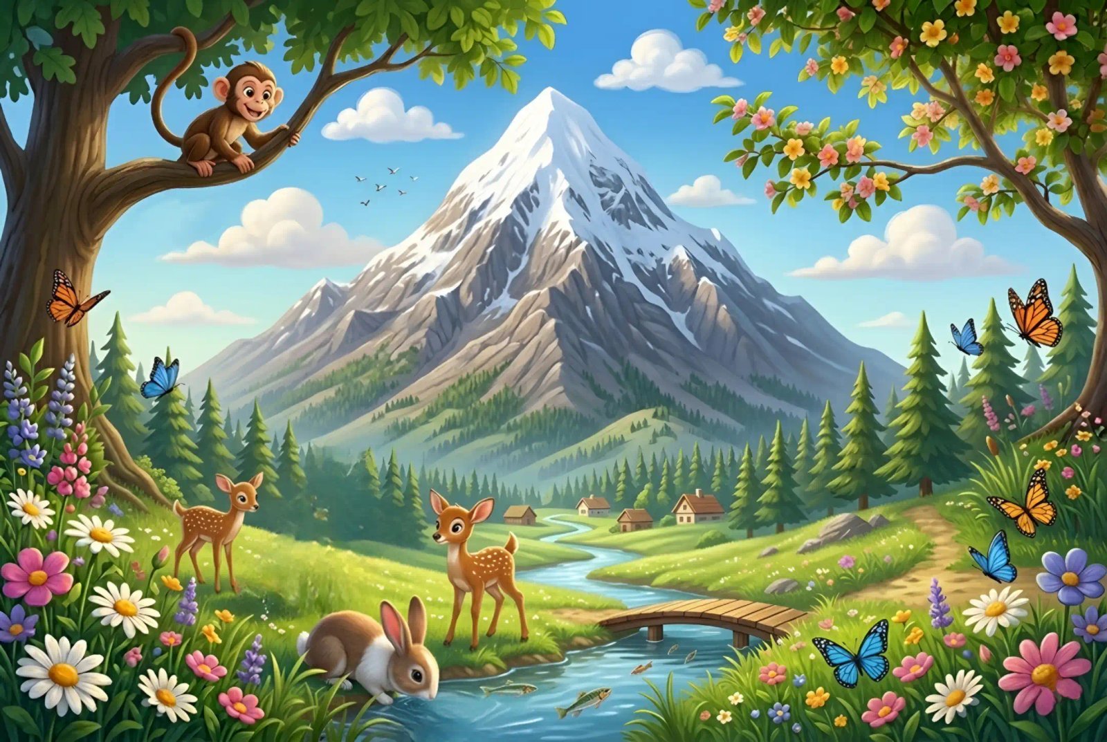 Tall mountain on Earth with snow at the top for kids