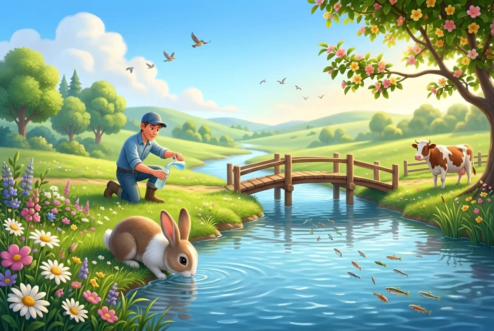A river flowing across the land providing water for plants animals and people for kids